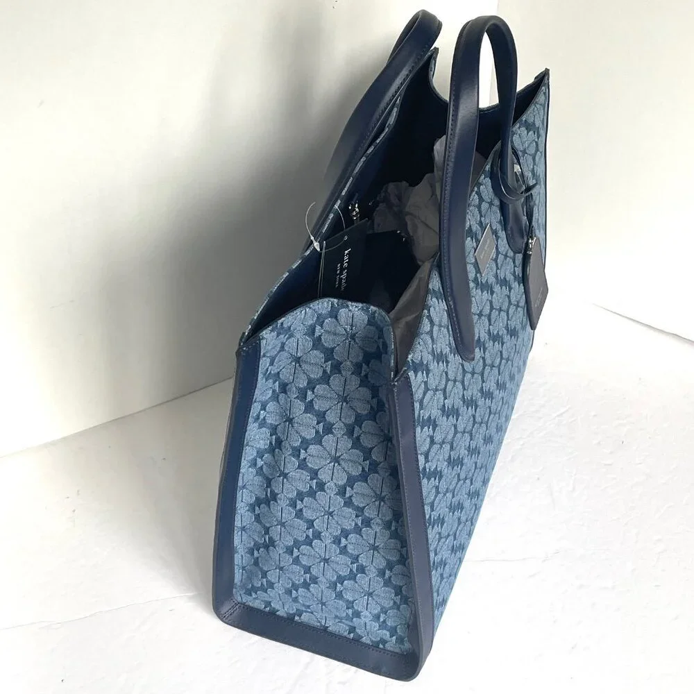 Kate Spade Jacquard Denim Large Manhattan Tote Bag Blue Flower Shoulder Strap - Picture 8 of 13